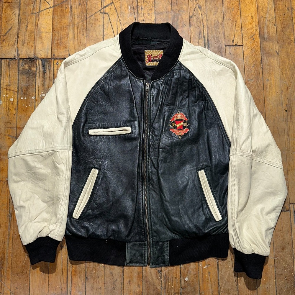 H. and H. Varsity Jacket Men's‎ Large Black White Leather Long Sleeve Full Zip